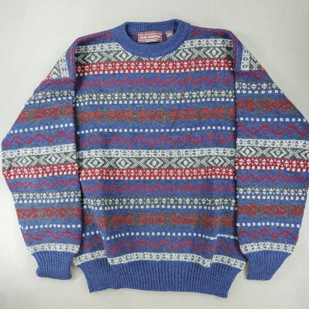 John Ashford Sweater Mens XL Blue Fair Isle Wool Blend Made in Italy Vintage